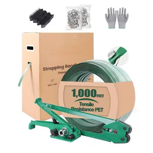 PET Banding Strapping Kit for Heavy Duty Tough Pallet Packaging Strapping Tool with >1500lbs 5/8" x 1000' PET Strapping Roll & its own Pull-Out Box 100 Corner Protectors 300 Seals