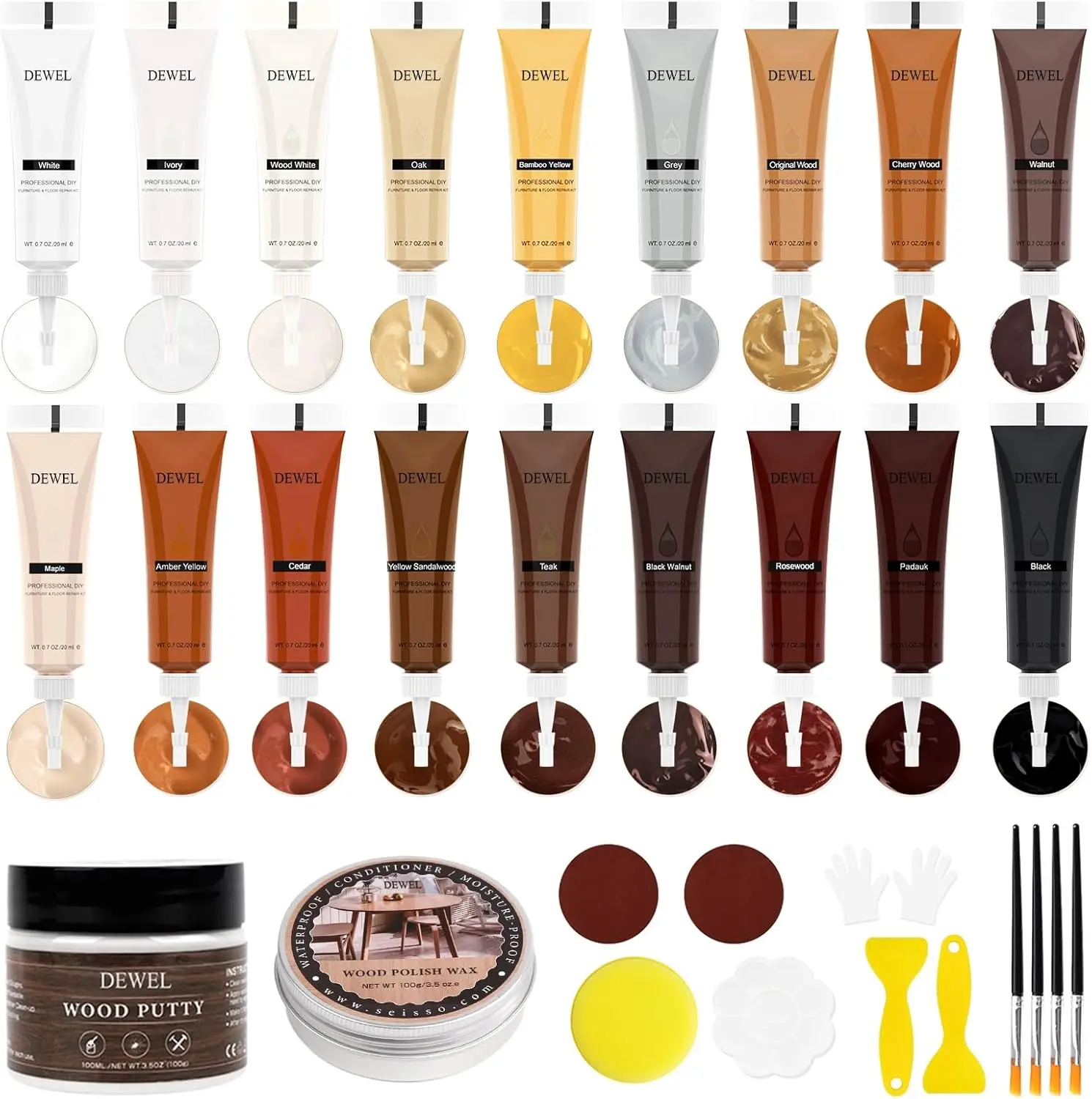 DEWEL Wood Furniture Repair Kit, 18 Colors Wood Filler, Wood Putty & Wood Polish Wax Restore Wood Scratches, Cracks, Holes, Cabinet, Table