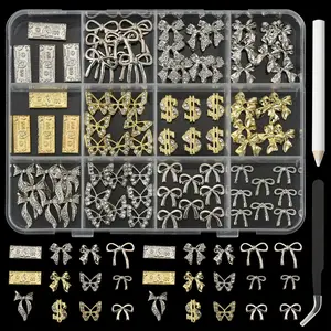 3D Gold Nail Charms For Alloy Nails Nail Art Decoration With Bow, Butterfly, Dollar Nail Accessories For Nail Art Supplies Manicure Craft Nail Kit