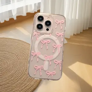 Compatible with iPhone 16 15 Pro Max Plus 14 13 12 mini 11 X XR XS Beautiful Gift Pink bow tie Selection Durable shockproof Anti-Scratch PC Protective Case Design Pattern It Offers Shockproof Protection And Supports Magnetic Wireless Charging