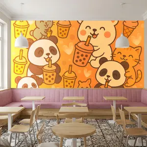 Cute Kawaii Panda Bubble Tea Wallpaper – Cartoon Animal Boba Mural for Kids Room, Cafe, Boba Shop, Orange Pastel Peel and Stick
