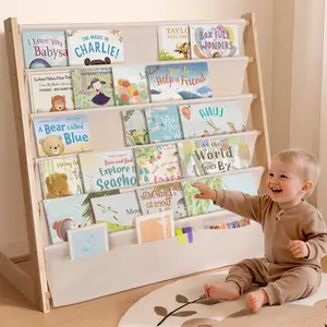 COMOMY Kids Bookshelf, 5 Tier Wooden Kids Bookcase, Canvas Bookshelf for Kids for Playroom, Bedroom, Beige
