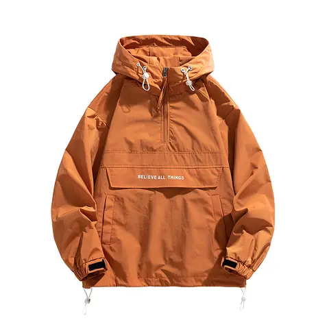 Men's quarter zips Windbreaker Jacket , Lightweight Hooded Coat with Drawstring Hem and Side Pockets, Suitable for Teens and Adults, Streetwear Outdoor Sports Jacket,  All-Season Casual Jacket, Menswear Stylish  Longsleeves
