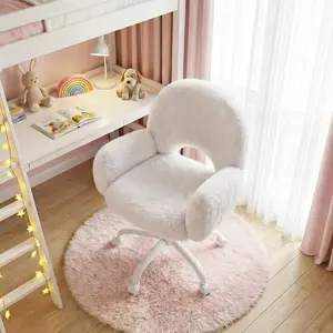 Raybee Vanity Chair with Round Hollow Back, White Desk Chair with Arms & Wheels, Cute Office Chair for Make-up Room, Bedroom, Home Office, Salon, Height Adjustable, Faux Rabbit Fur