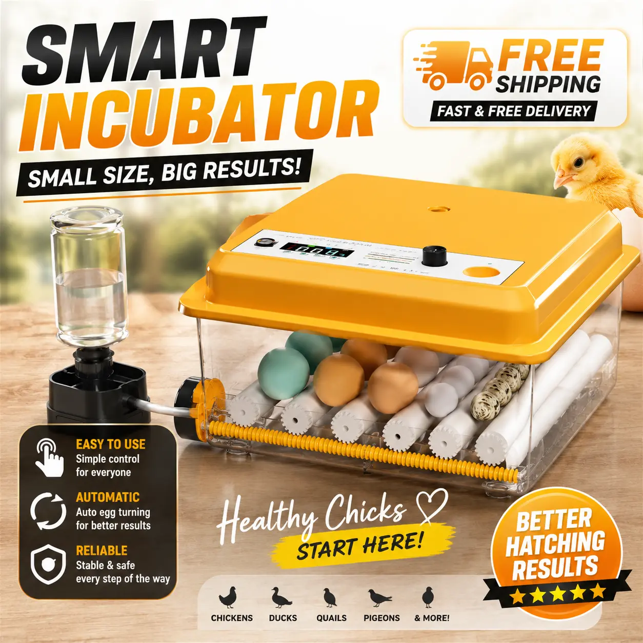 2026 Upgraded Smart Automatic Egg Incubator - 16-Egg Capacity with Auto Egg Turning, Dual Power Supply & Built-in Candler