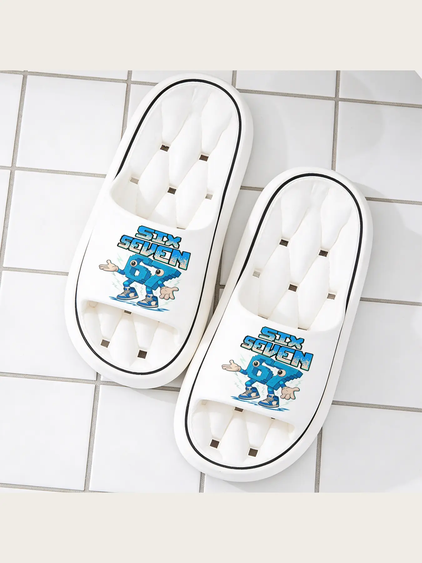 Trendy 67 Six Seven Block Pixel Cartoon Graphic Slides for Men Women, Soft Non-Slip Lightweight Open Toe Slippers, Casual Comfortable Indoor Outdoor Shower Bathroom Home Slippers with Unique Retro Gaming Character Art Design
