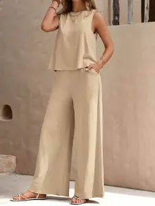 Two-piece women's solid color trend versatile loose pullover round neck sleeveless top casual wide-leg high-waist pants suit, suitable for, suitable for outdoor, home, daily commuting