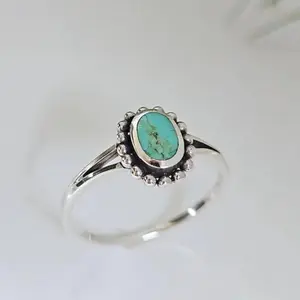 Sterling Silver Natural Turquoise Ring, Beaded Bali Ring, Dainty ring for women