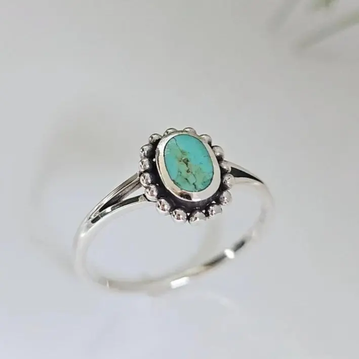 Sterling Silver Natural Turquoise Ring, Beaded Bali Ring, Dainty ring for women