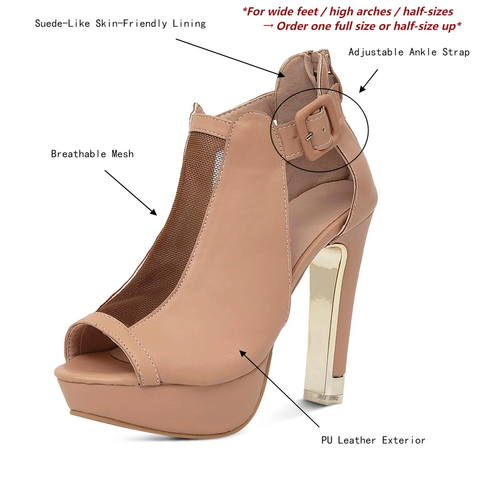 Arch Support Block Heels Women's Ankle Booties Peep Toe Sandals with Soft Padding Perfect for Wedding Date Night Dancing Back Zipper Metal Decor Platform Walking Shoes Chunky Summer Black Girl Footwear breathable chic