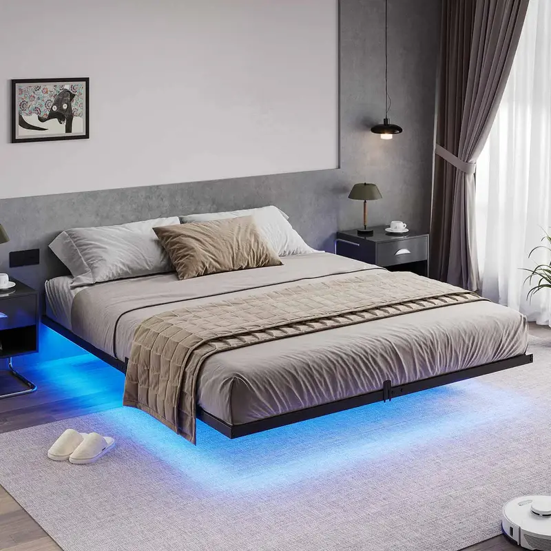 [SummerSale] Sikaic King Size Floating Bed Frame with LED Lights, Metal Platform, No Box Spring Needed, Easy Setup-DIY Assembly, Unique Indoor Bedroom Furniture, Dorm Essential