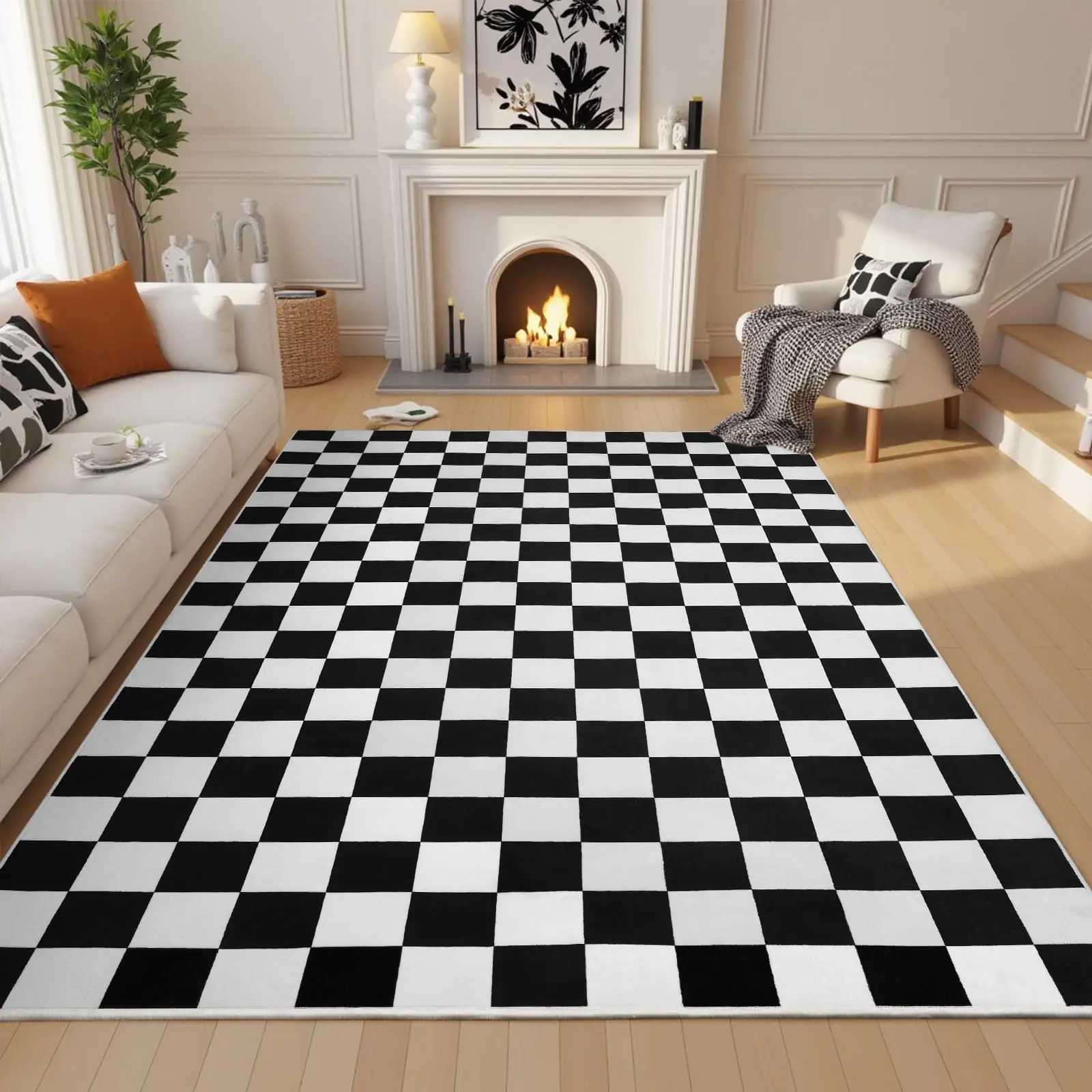 Black/White Checkered Rug,Modern Classic Milk Velvet Rug for Living Room Bedroom, Soft Machine Washable Area Rug with Non Slip, Low Pile Stain Resistance Carpet for Kids Room Entryway Kitchen Dorm,Non-Slip TPR Backing, 2x6, 4x6, 5x7, 6x9 Feet Low Pile Rug