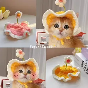 Pet cat hat spring field flower cute cat head cover dog headdress hand-woven decoration British short cat