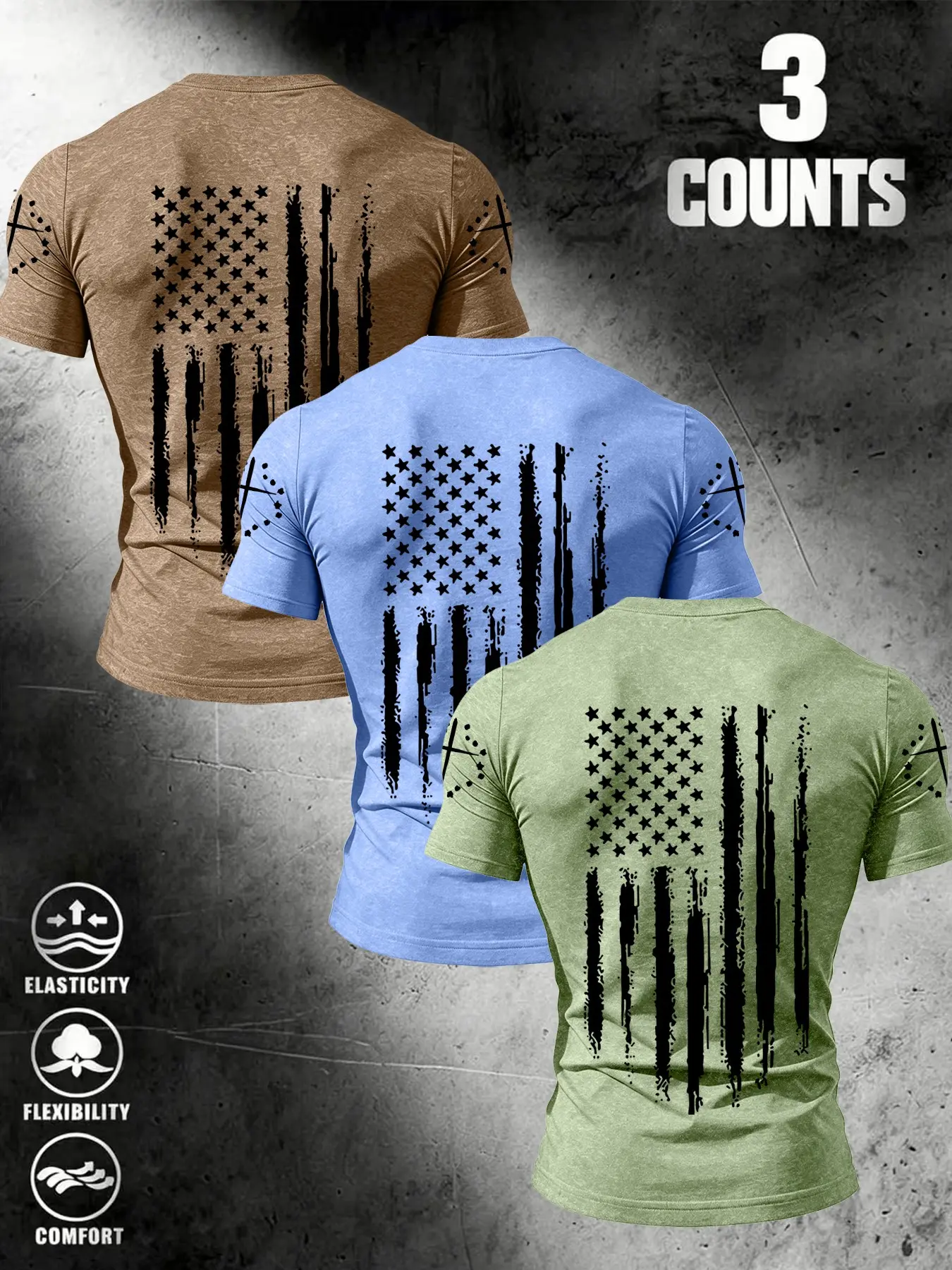 Men's American Patriotic Slim Fit Short Sleeve T-Shirt Set, Vintage Flag & Cross Print, Breathable Fabric, Gym/ Daily Wear, Activewear Tees, Fitness Shirt, Fitness Clothes Tops