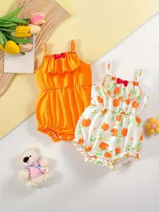 Girl's summer cute jumpsuit two-piece set, Baby girl clothes, sweet orange, girl's suspender flower bud jumpsuit, orange fruit print+ruffled collar+bow decoration, Valentine's Day gift, suitable for daily home