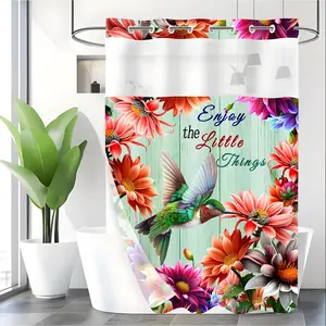 LVRLVR 1pc Floral Hummingbird Shower Curtain with Inspirational "Enjoy the Little Things" Quote, Sheer Top Window, Detachable Liner & No Hook C-Ring, 70.8" x 74"