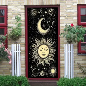 2pcs Vintage Hand-painted Sun Moon Stars Wall Stickers with Closed-eye Smiling Sun Crescent Moon and Various Moon Phases Patterns Decorative Door Stickers Self-adhesive Waterproof Durable Home Decorati