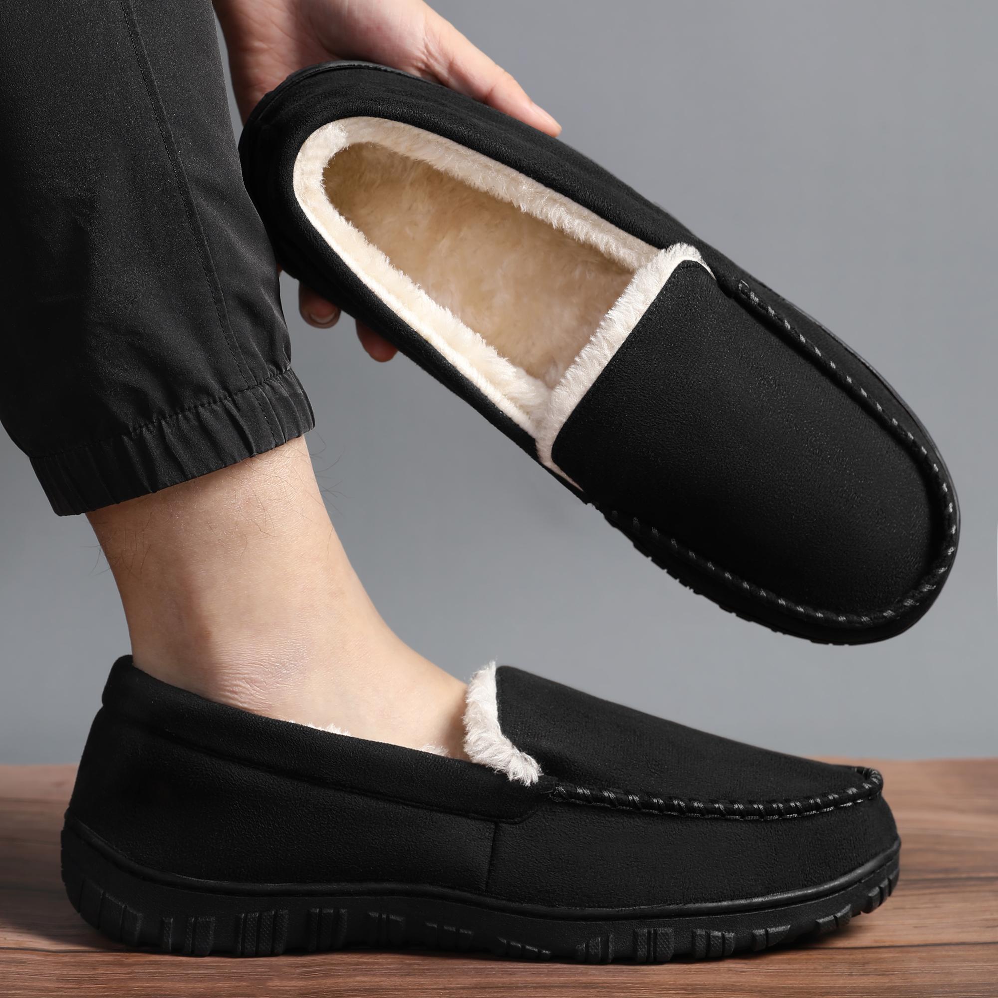 Men's Indoor Outdoor Anti-Slip Memory Foam Moccasin Slippers | Knit Memory Foam Slippers with Heel Collar | Thick Cushioned Warm Plush Casual Walking House Slippers for Men