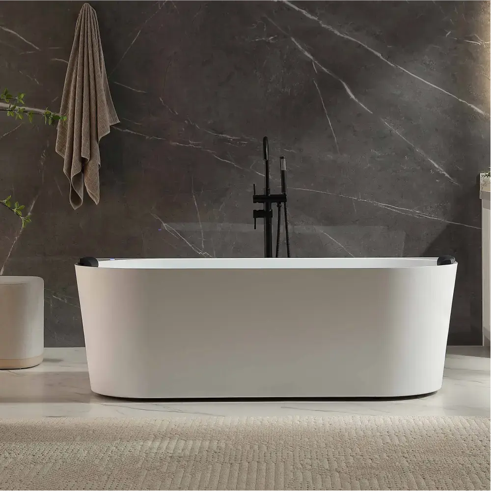 71" Acrylic Freestanding Whirlpool Bathing Tub with Center Drain, Deep Soak Tub for Home Bathroom Fixtures