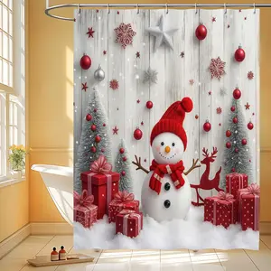 Festive Christmas Snowman Print Polyester Shower Curtain 66X72Inch No-Drill Machine Washable Bathroom Decor Metal Grommets Opaque Water-Repellent Holiday Accents