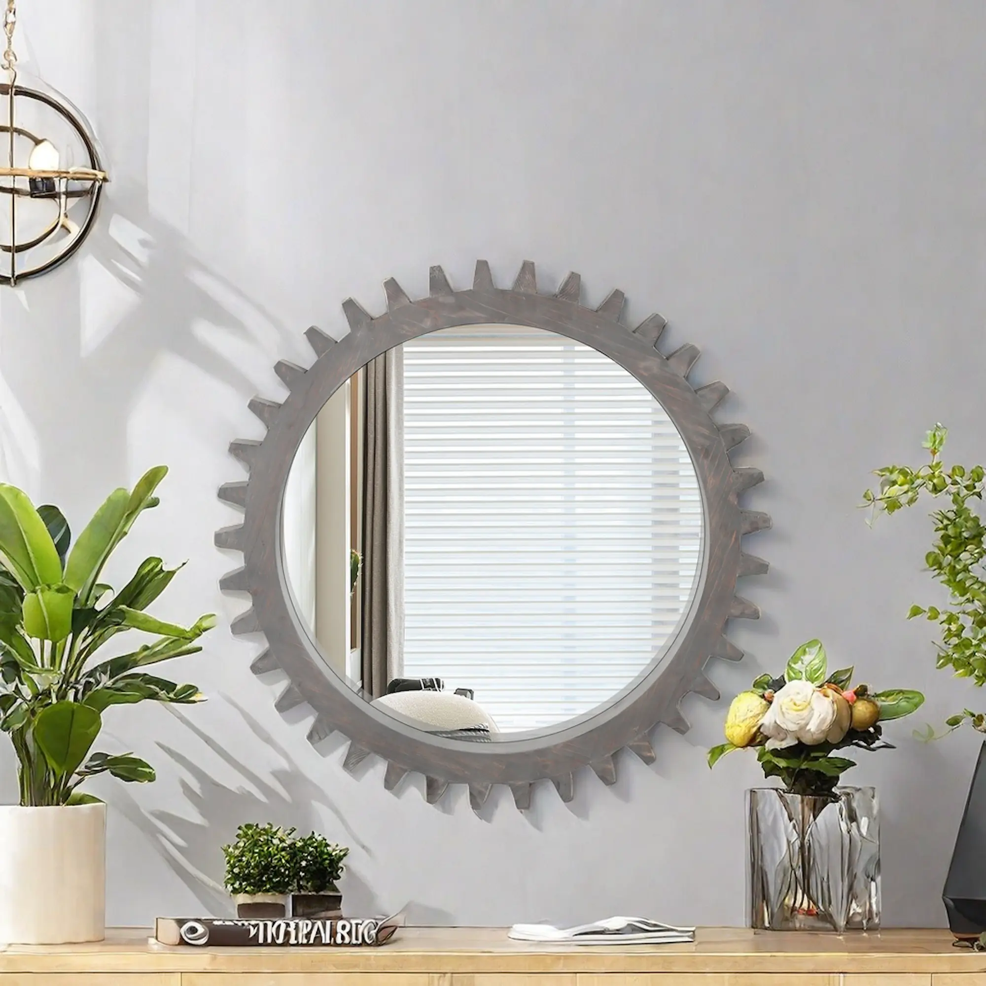 Antique Look Gear-Shaped Wall Hanging Bathroom Mirror, 26" Diameter Dark Brown Wooden Heavy Decorative Fixture - Hanging for Toilet, Entrance Hall Elegant Room Decor