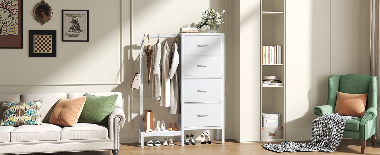 Dresser With Hanging Rack，Closet Organizer,With Hanging Rack With LED Lights & Charging Station,Wooden Top, for Home Living Room