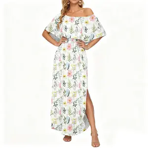 JEKAOYI Women's 2026 Summer Plus Size Off The Shoulder Maxi  Floral Dress Casual Long Ruffle Side Split Beach Party Dress with Pockets
