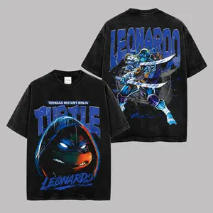 Leonardo Teenage Mutant Ninja Turtles Premium Acid Washed Cotton T-Shirt TMNT Retro Anime Streetwear Graphic Tee Vintage Ninja Turtle Samurai Sword Oversized Black Unisex Shirt Front And Back Print Fan Gift