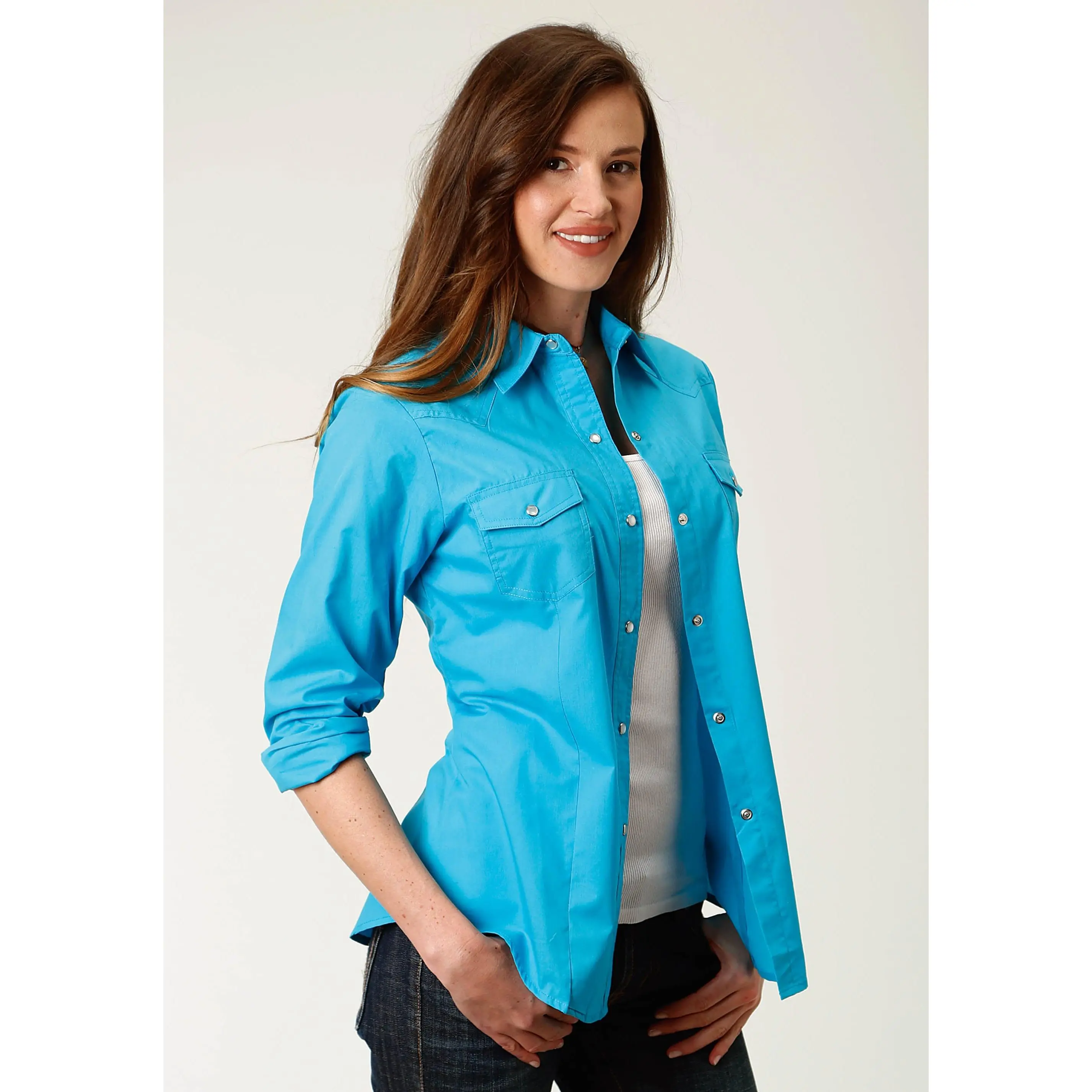 Womens Turquoise Solid Long Sleeve Snap Western Shirt