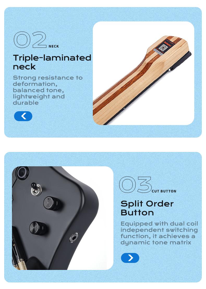 Bullfighter D350 Headless Electric Guitar – 24 Fanned Multi-Scale, Kill Switch Button for Stutter Effects, Pull-Push Coil Split, Lightweight Okoume Body – Modern Ergonomic Design for Technical Players