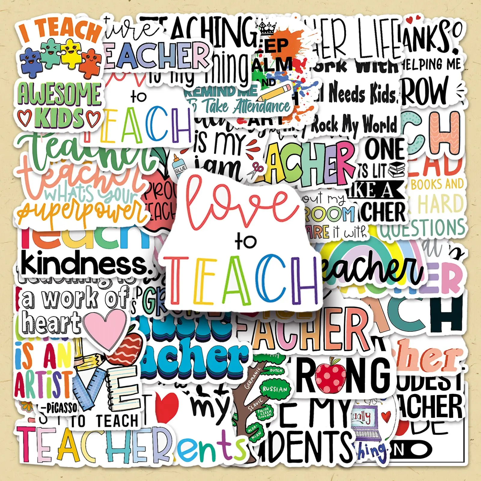 Teacher Themed Sticker, 50pcs/set Cartoon English Slogan Sticker, Waterproof Self Adhesive Decorative Stickers, Adhesive Decals for Gift Greeting Card & Water Bottle & Laptop, Waterproof Stickers