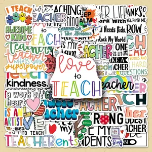 Teacher Themed Sticker, 50pcs/set Cartoon English Slogan Sticker, Waterproof Self Adhesive Decorative Stickers for Gift Greeting Card & Water Bottle & Laptop, Waterproof Stickers