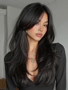 Black Layered Straight Wig | Rose Net Cap, Heat Resistant Synthetic Hair Natural Looking Wigs, Synthetic Machine Wigs