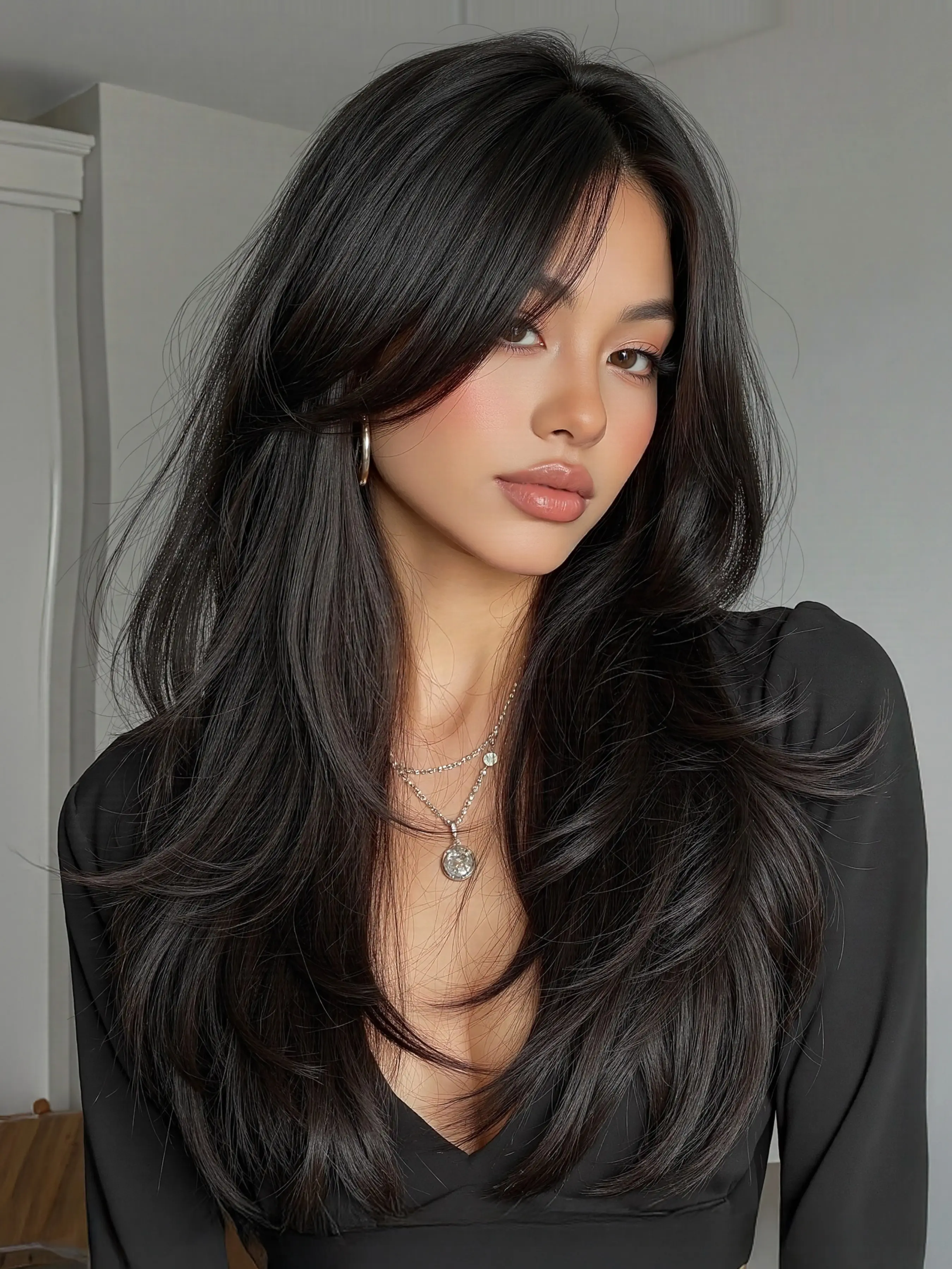 Black Layered Straight Wig | Rose Net Cap, Heat Resistant Synthetic Hair Natural Looking Wigs, Synthetic Machine Wigs, Synthetic Fiber Wig