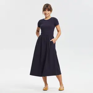 Women's Short Sleeve Lace Trim Knit Dress - Universal Thread Navy Blue S