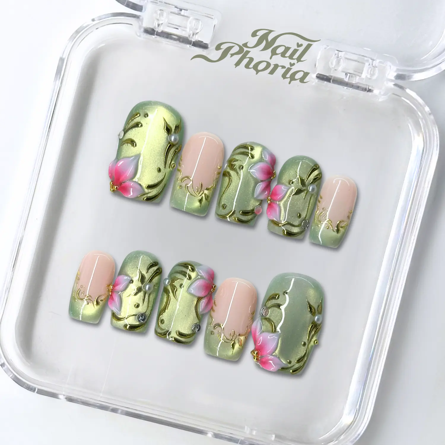 NailPhoria SAGE MUSE -SUMMER Handmade Press-On Nails | Reusable, Salon-Quality, Long-Lasting, Glossy Design