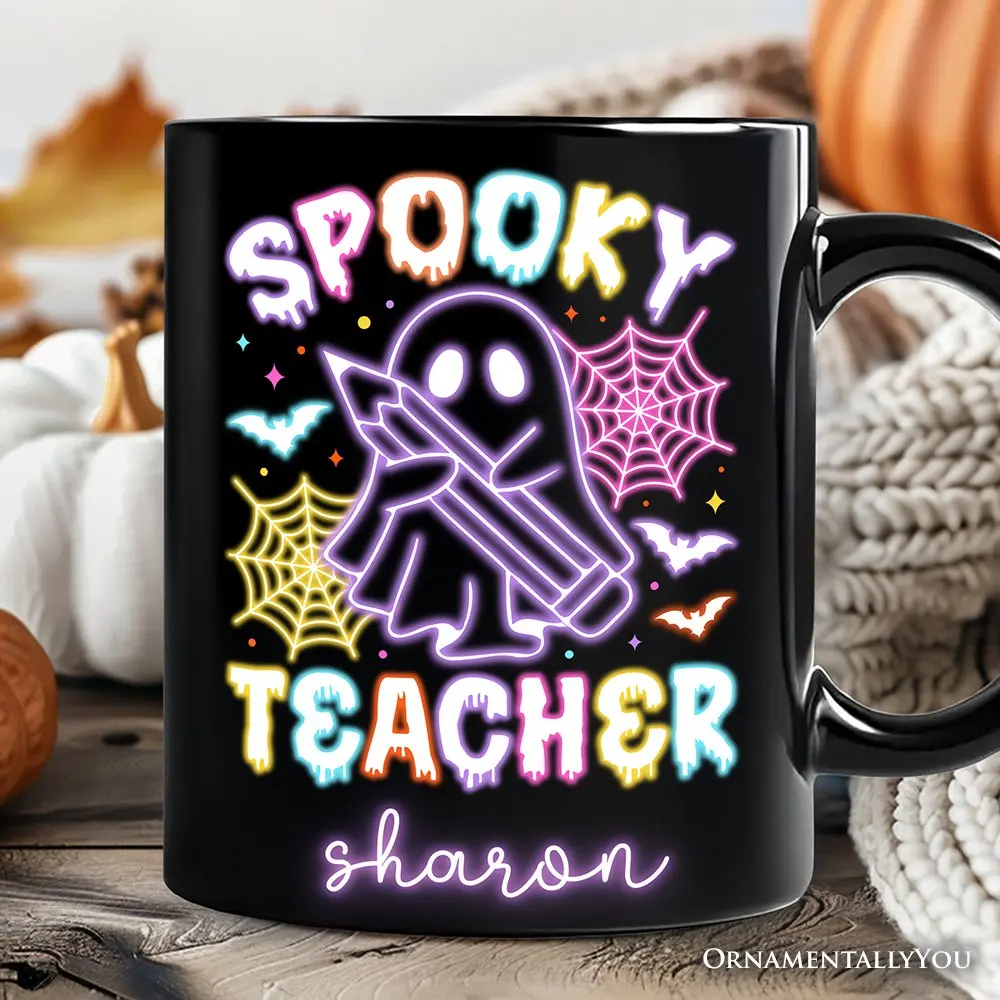 Spooky Teacher Neon Ghost Personalized Mug, Retro Halloween Gift with Custom Name for Educators