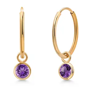 Gem Stone King 14K Yellow Gold Gemstone Birthstone Endless Huggie Earrings For Women | Small Hoop Drop Dangle Earrings for Women | 20MM Length | Round 4MM
