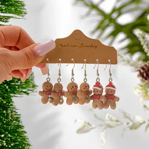 3 Pairs Cute Christmas Gingerbread Man Dangle Earrings Set For Women Girls Xmas Cookie Food Pendant Resin Earring Party Jewelry