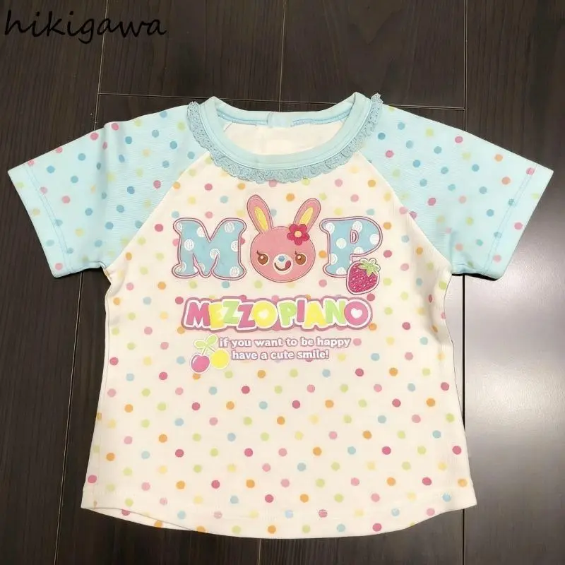 Japanese Woman Tshirts Sweet Crop Tops Polka Dot Short Sleeve O-neck Tees Summer T2k T-shirt Ropa Mujer Slim Fit Cute Camisetas