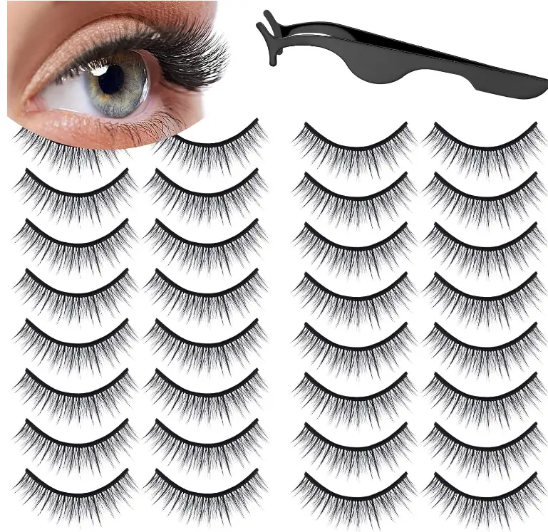 Linyuthia 16 Pair Reusable Self Adhesive Eyelashes Waterproof Stable False Lashes Self Stick Easy to Apply False Eyelashes with Tweezers for Women Natural No Eyeliner Look, Black(Natural Style)