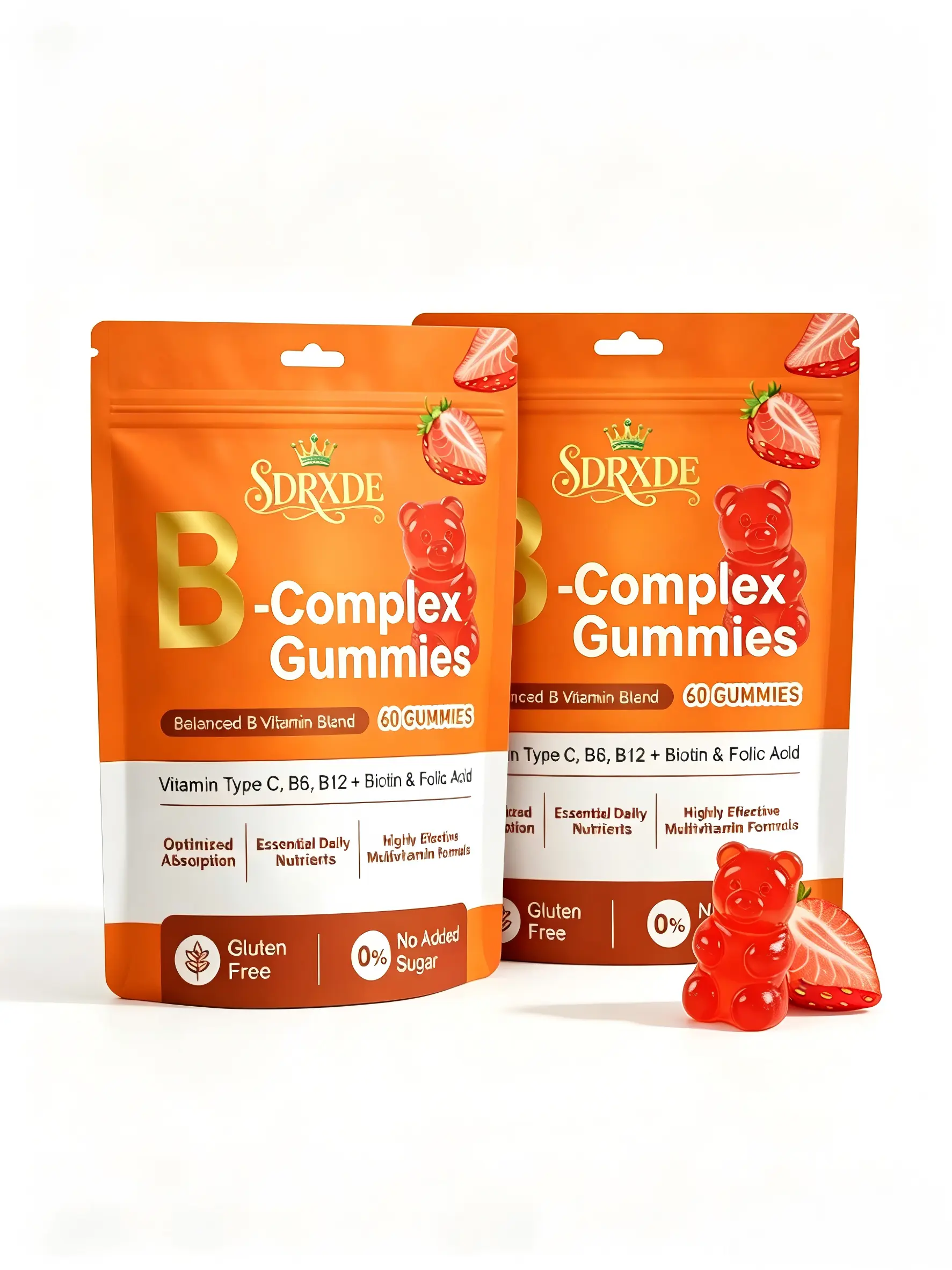 SDRXDE Women’s Clean Sugar-Free B-Complex Vitamin Gummies - Strawberry-Flavored, Gluten-Free, Natural Ingredients Adult Daily Stress Relief Supplement with B12, B6, B7, Biotin, Folic Acid, 60-Count Bottle