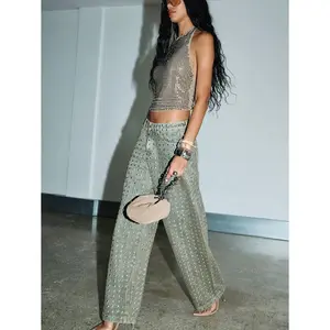 Ciel Fashion KIZN Studded Wide Leg Pants Metallic Embellished Khaki Bottoms Festival Concert Party Statement Pants Rhinestone High Waisted Y2K Fashion Western Style