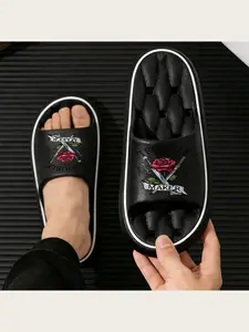 Troublemaker Est 1990 Graphic Slippers with Crossed Swords and Red Rose Design Casual Comfortable Non Slip Indoor Outdoor Footwear Lightweight Soft Sole Fashion Statement Shoes for Men Women