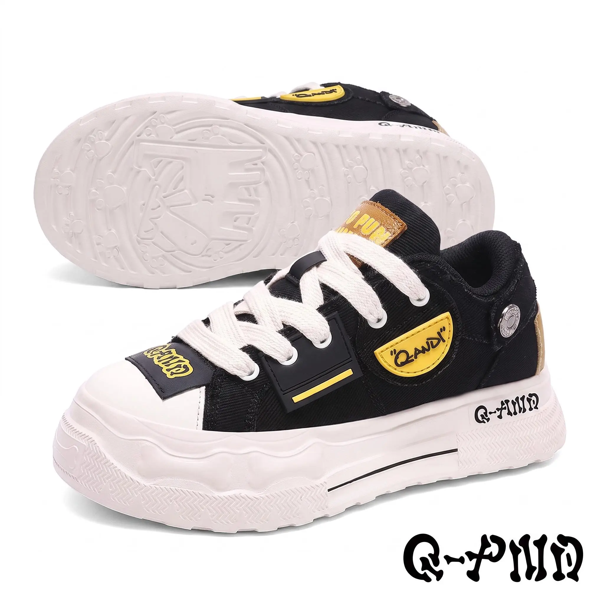 Q-AND Retro Patchwork Canvas Skate Shoes for Men and Women, Black-White-Yellow Contrast Design, Chunky Platform Casual Street Sneakers