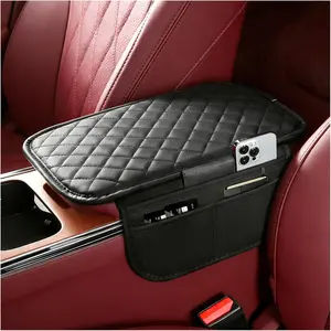 Leather  Center Console Cover with 6 Pockets,Upgraded Arm Rest Cover for  Built-in Sponge for Soft Support, Lattice Armrest Covers for  Interior Accessories