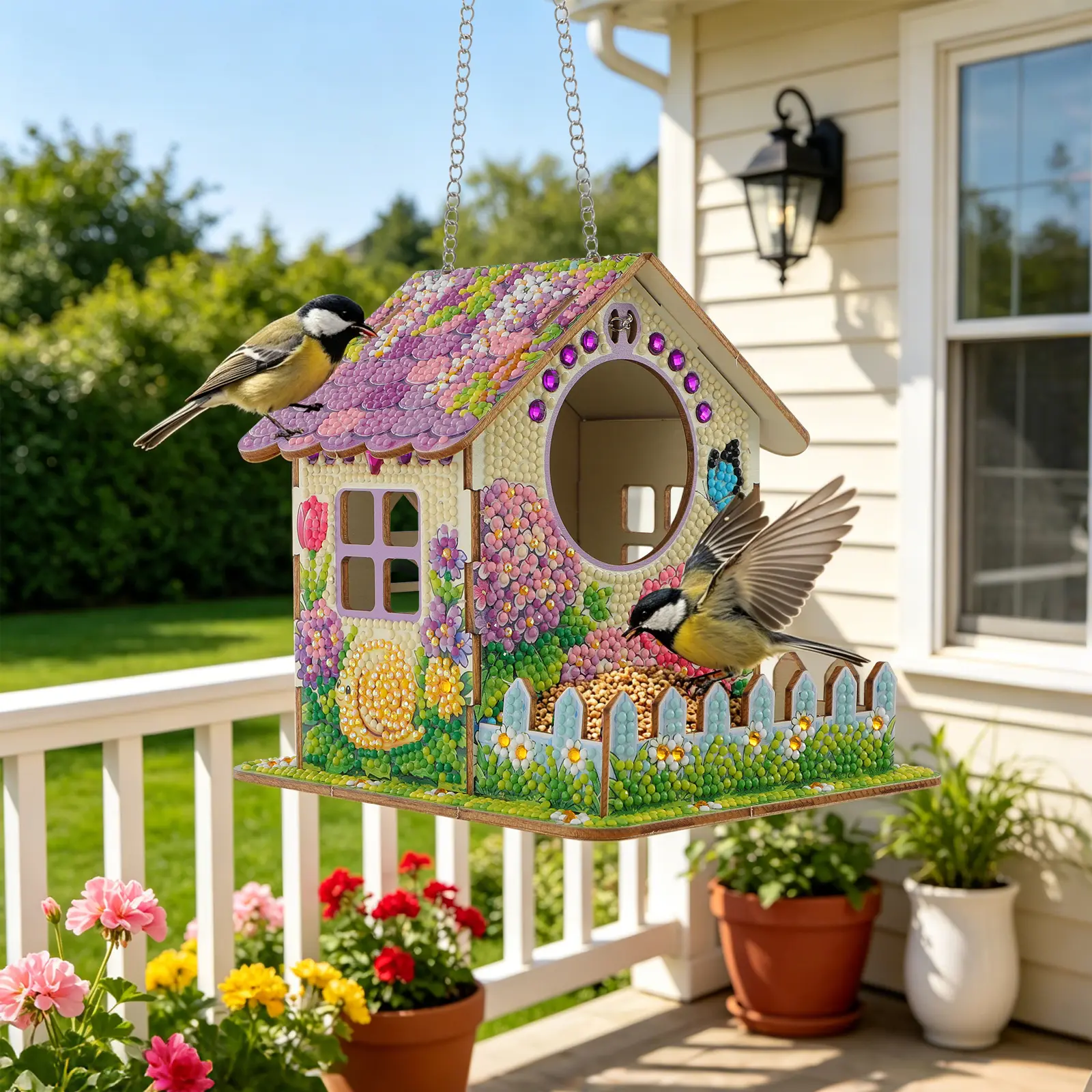 DIY 5D Diamond Painting Wooden Bird House & Hanging Bird Feeder Kit with Wooden Base, Outdoor Garden Bird Craft, Ideal Birthday Holiday Gift for Enthusiasts