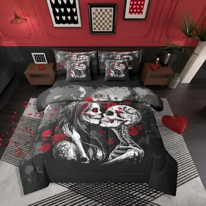 Valentine Gothic Skull Couple Comforter Set with Sheets 7 Piece Red Rose Valentine Day Skeleton Bones Bed in A Bag Sugar Skull Bedding Set,for Kids Adults,Goth Halloween Bed Set