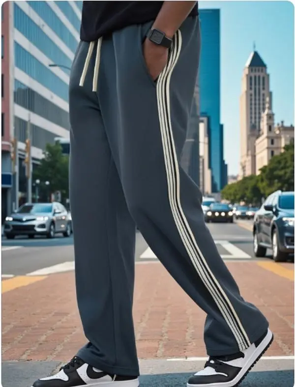 Men's Loose-Fit Athletic Running Pants - Striped with Black and White Side Stripes, Breathable, Loose-Fit Freedom, Athleisure Style Bottoms, Suitable for Casual Wear, Running, Gym