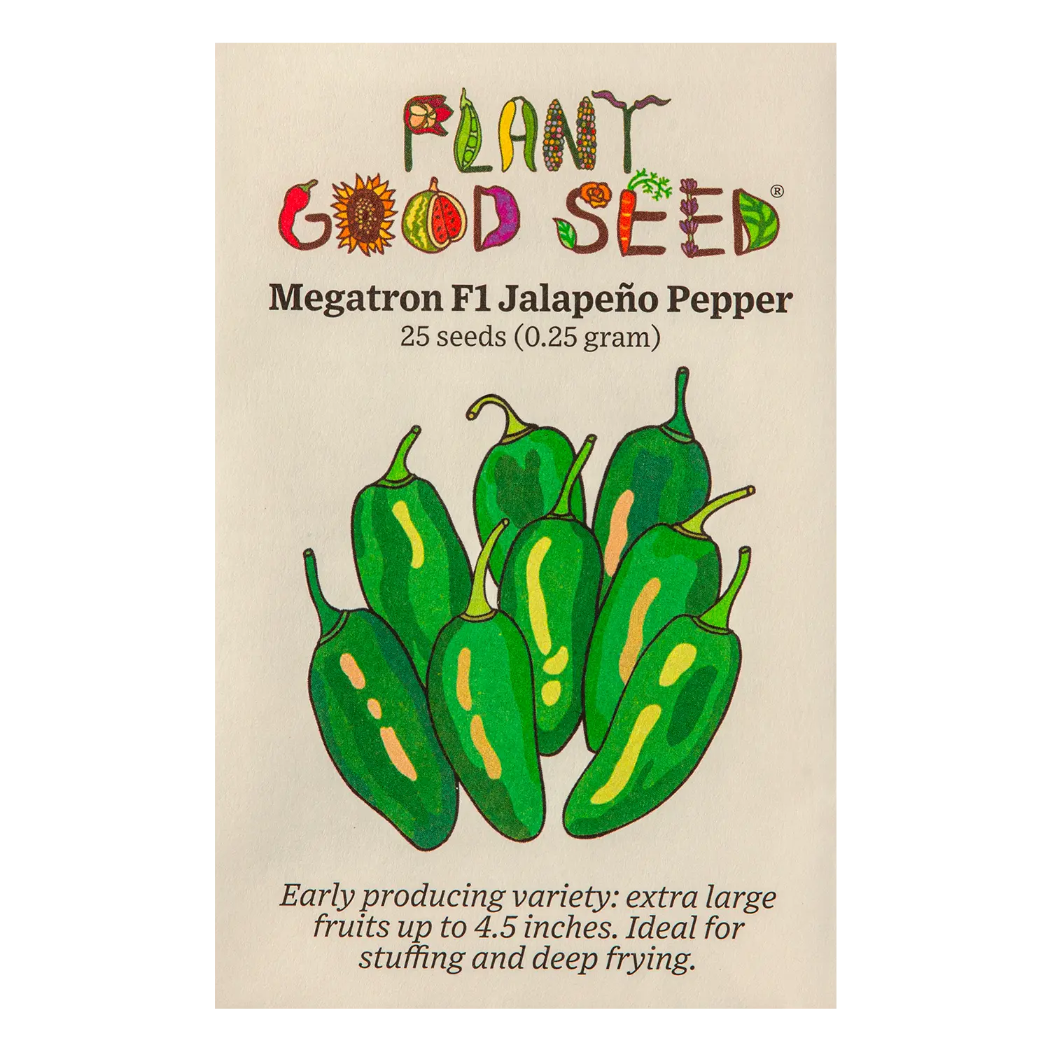 Megatron F1 Jalapeño Pepper Seeds for Planting - 25 Untreated Non-GMO Seed Packets, Compact Habit, Extra Large F1 Hybrid, Dark Green Fruits, High Yield, Smooth Exterior, Early Harvest Advantage, Ideal for Deep Fry, Thrives in Full Sun
